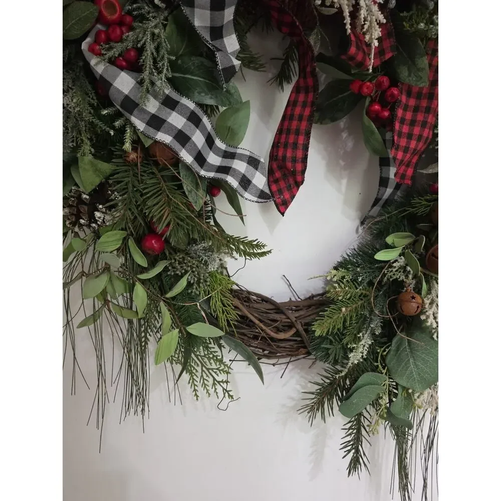 Handmade Buffalo Plaid Farmhouse Christmas Wreath Bells Berries Pinecones